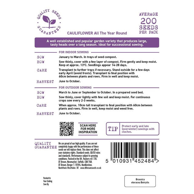 Mr Fothergills D.T. Brown Cauliflower All Year Round vegetable seeds, 200 seeds - British product