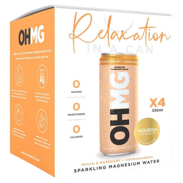 OHMG Peach Sparkling Magnesium Water 4 x 330ml, imported from the UK