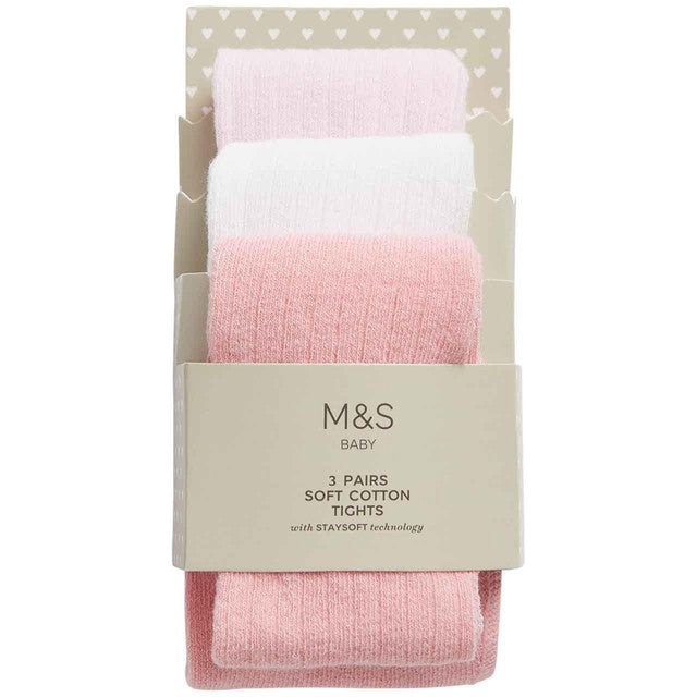 M&S girls cotton rich tights light pink 6-12 months, imported from the UK