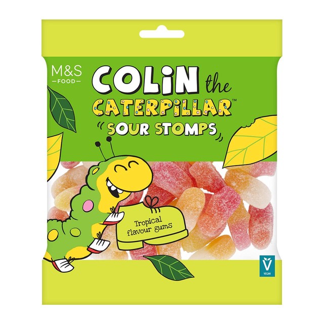 M&S Colin The Caterpillar Sour Stomps tropical fruit flavour gums 170g, imported from the UK