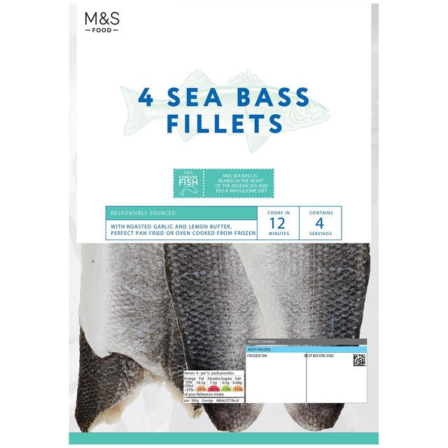M&S seabass fillets with garlic lemon butter 420g, imported from the UK