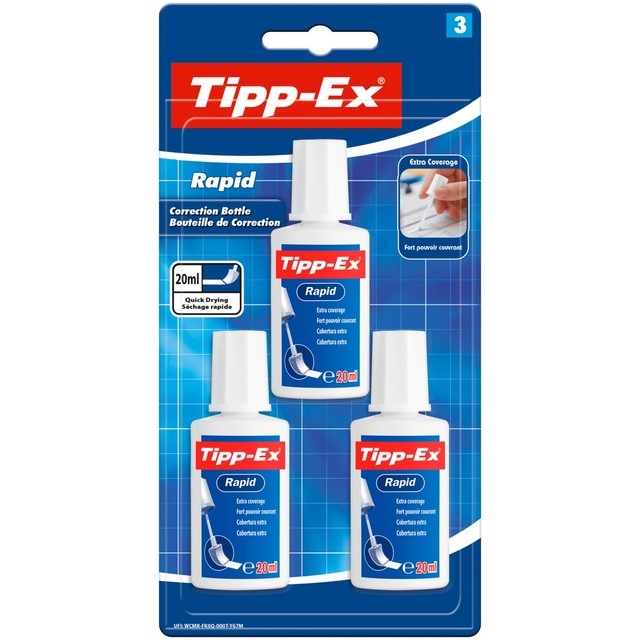 Bic UK Tipp-Ex Rapid Correction Fluid pack of 3 (20 ml) (British brand)