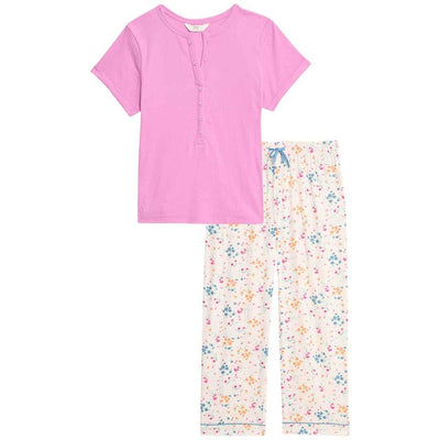 M&S Rib Pointelle Henley Pyjama Set Pink Size 10