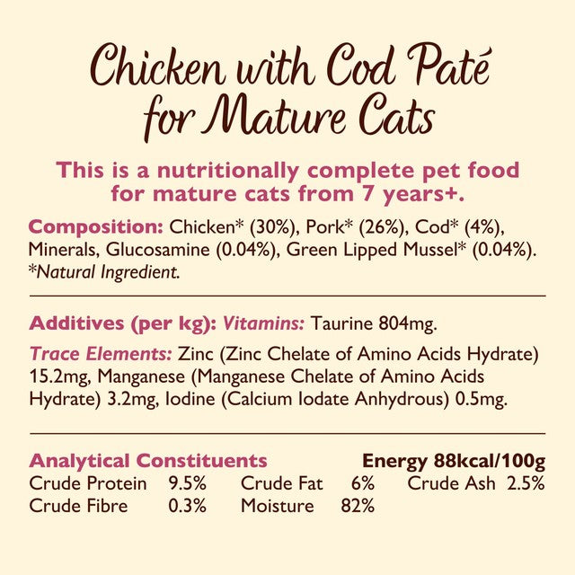 Lily's Kitchen mature smooth chicken and cod cat food pate 85g, UK version