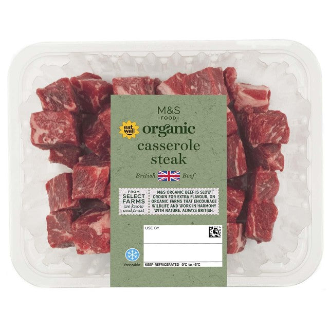 M&S Organic British Casserole Steak 400g, imported from the UK