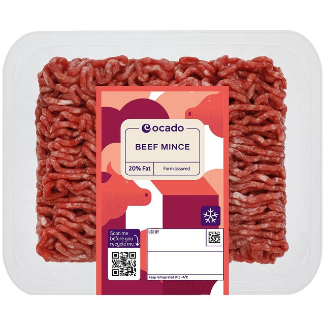 Ocado beef mince 20% fat 500g, imported from the UK