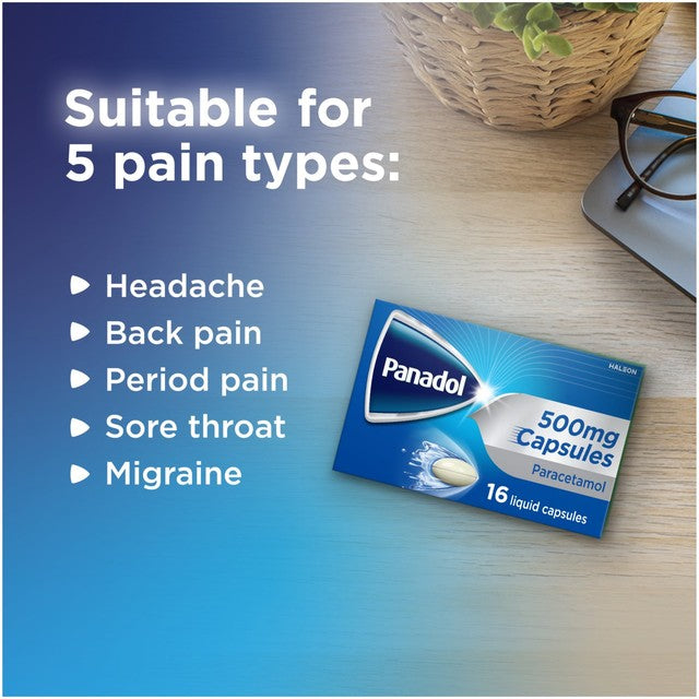 Panadol Paracetamol 500mg Liquid Capsules, imported from the UK