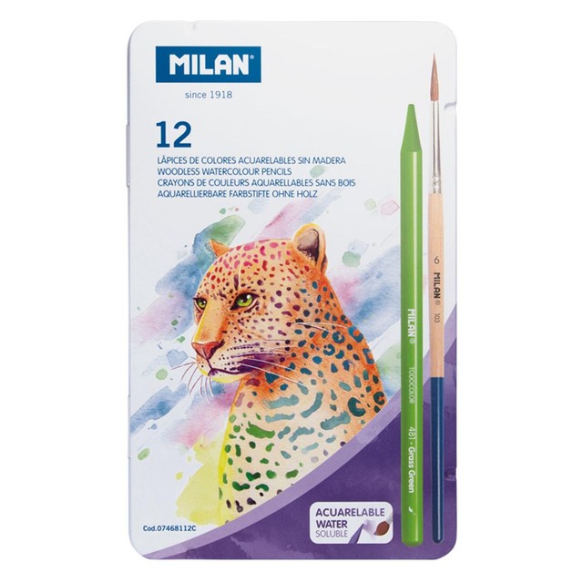 Milan woodless watersoluble colour pencils 12-piece set with brush, imported from the UK