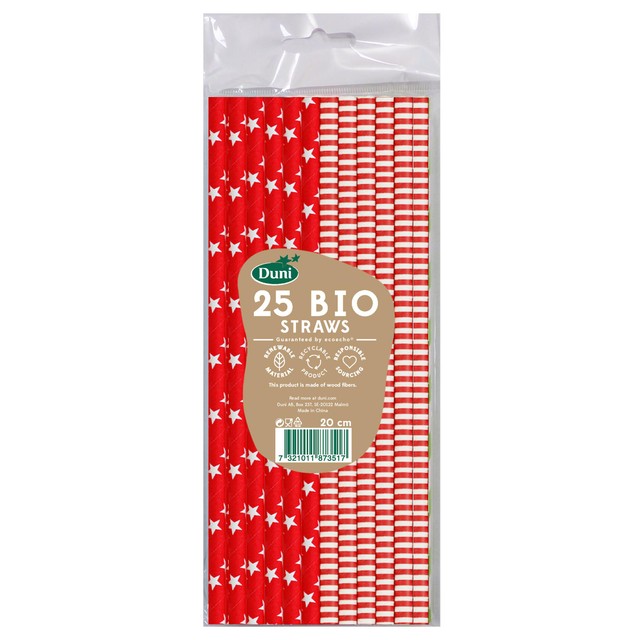 Duni Bio red and white paper straws 25 pack, imported from the UK