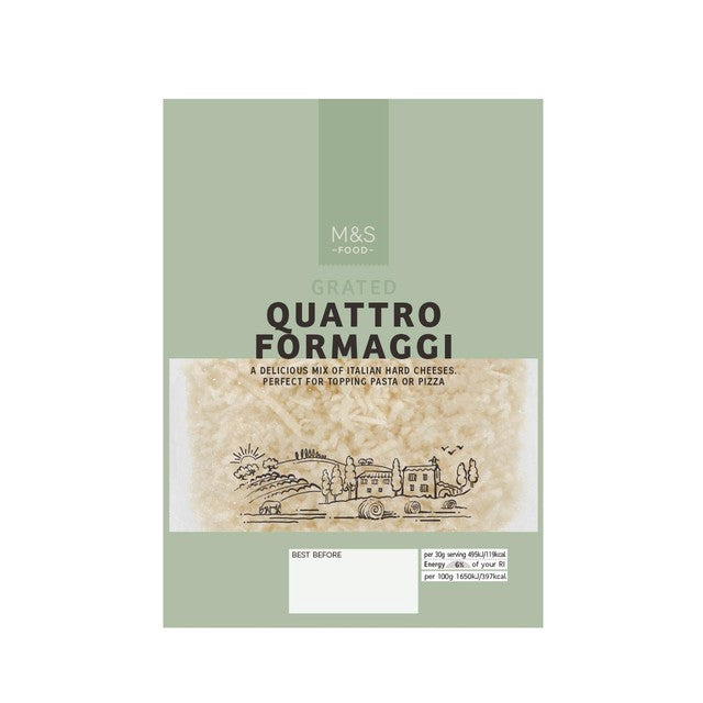 M&S Grated Quattro Formaggi Italian cheese mix 110g, imported from the UK