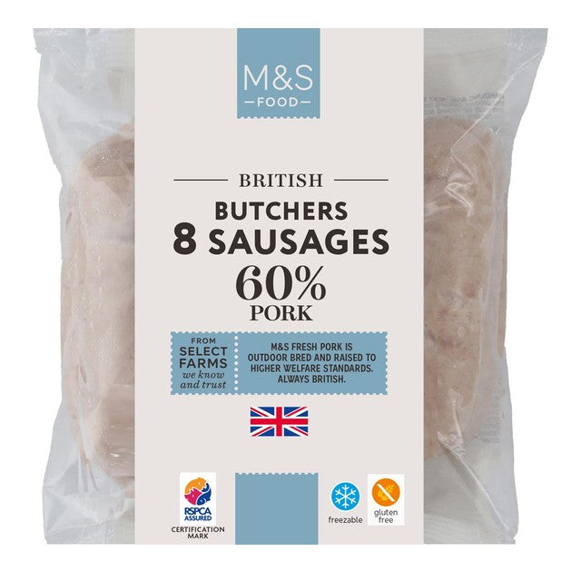 M&S Butchers pork sausages 8 pack 454g, imported from the UK