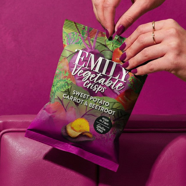 Emily Veg Crisps Rainbow Roots Sweet Potato, Carrot & Beetroot vegetable crisps 30g - British product