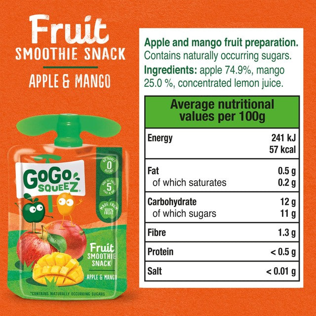GoGo squeeZ apple and mango fruit smoothie snack 4x90g, UK version