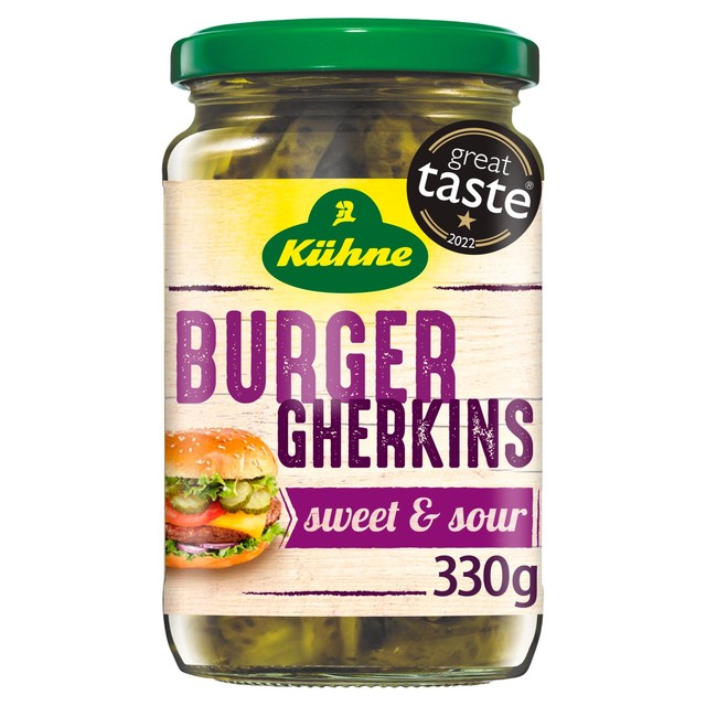 Kuhne Burger Crinkle Cut Gherkins 330g, UK version