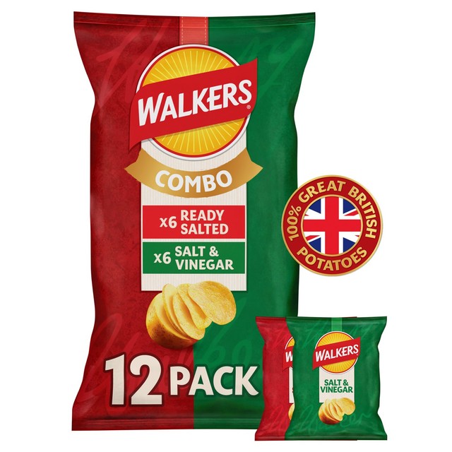 Walkers Ready Salted and Salt & Vinegar variety multipack crisps 12 pack (British brand)
