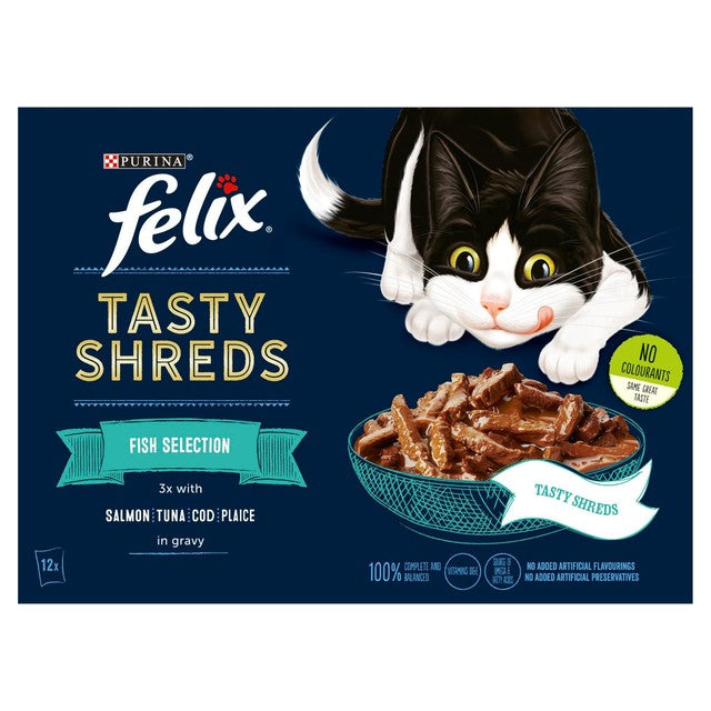 Felix Tasty Shreds Fish Selection in Gravy wet cat food 12 x 80g - British product
