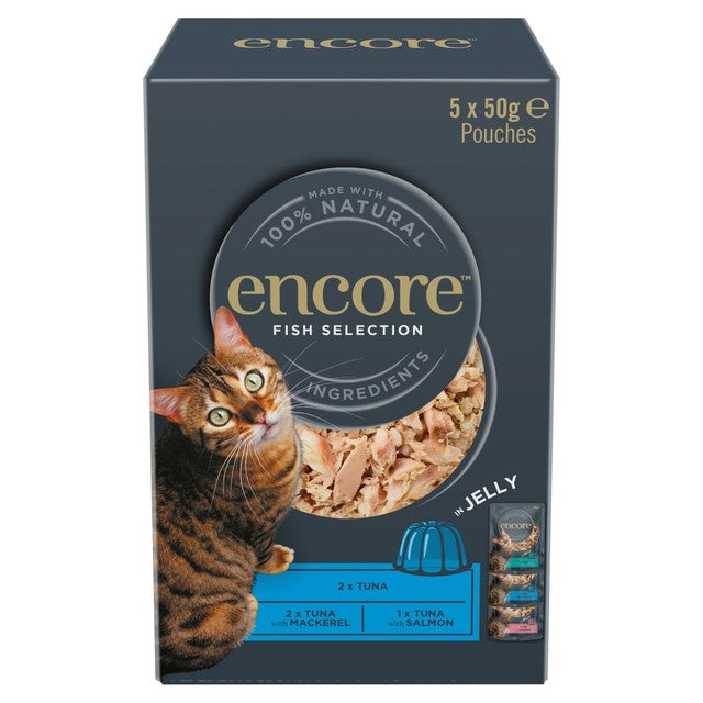 Encore fish selection cat food pouch in jelly 5 x 50g - British product
