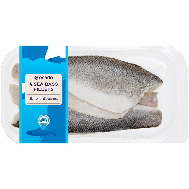 Ocado sea bass fillets skin on boneless 360g, imported from the UK