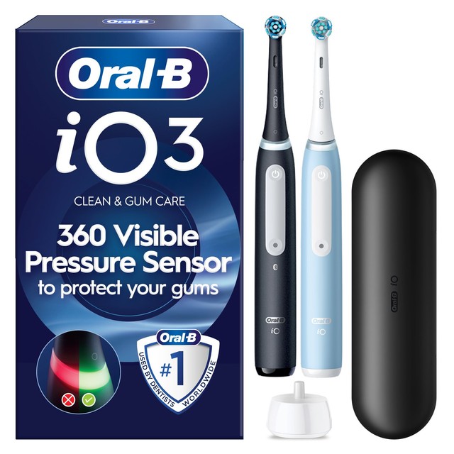Oral-B iO3 Black & Blue electric toothbrush duo pack with travel case, imported from the UK