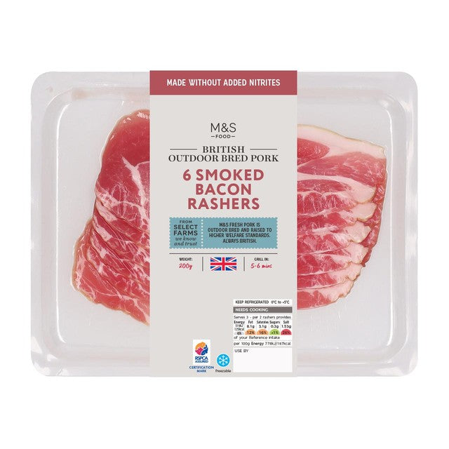 M&S smoked bacon rashers made without nitrates 200g, imported from the UK