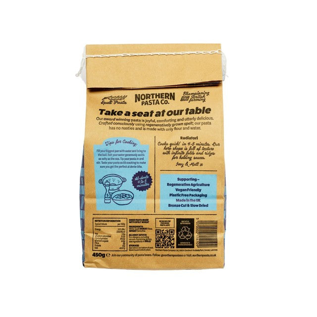 Northern Pasta Co. Radiatori spelt pasta 450g, imported from the UK