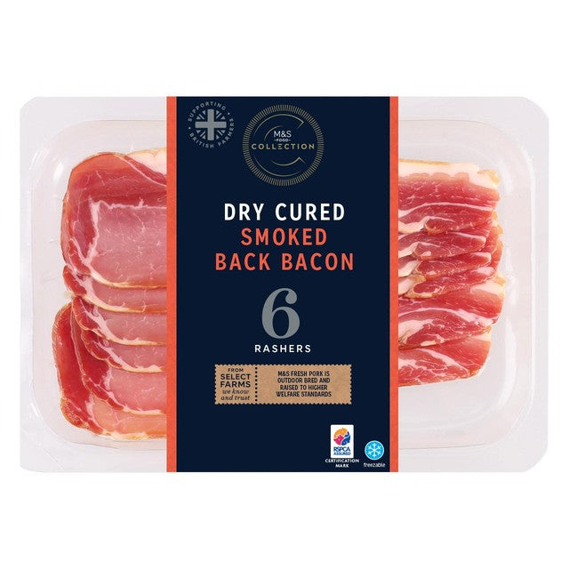 M&S dry cured smoked back bacon rashers 220g, imported from the UK