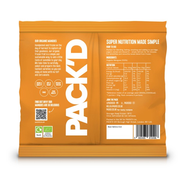 Pack'd organic sweet chopped frozen mango 300g, imported from the UK
