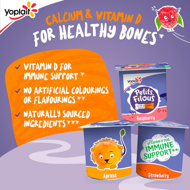 Petits Filous kids yoghurt pots strawberry and apricot 4 x 85g, imported from the UK