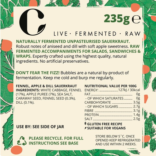 The Cultured Collective Fennel Apple Dill Sauerkraut 235g, imported from the UK