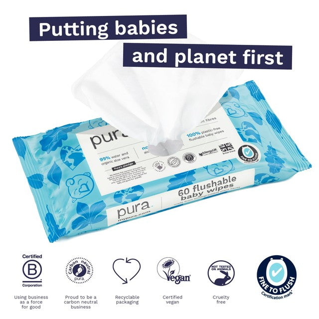 Pura plastic-free flushable baby wipes 3-pack of 60 each, imported from the UK