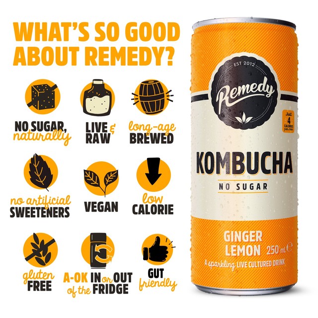 Remedy ginger lemon kombucha 250ml, imported from the UK