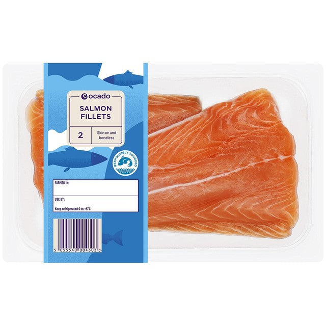 Ocado salmon skin on mid/tail fillets 240g, imported from the UK