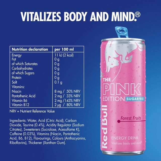 Red Bull Sugar Free Pink Edition Forest Fruits energy drink 4 x 250ml, imported from the UK