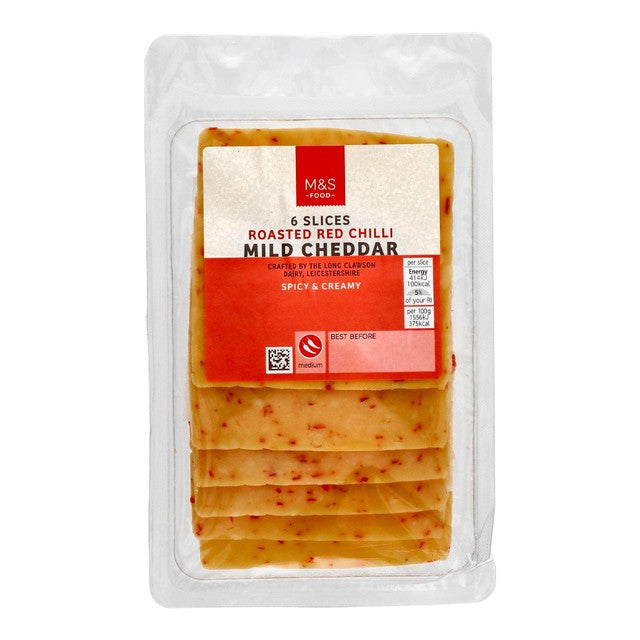 M&S roasted red chilli mild cheddar cheese slices 160g, imported from the UK