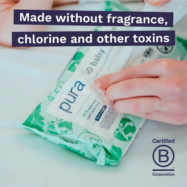 Pura plastic free baby wipes, imported from the UK