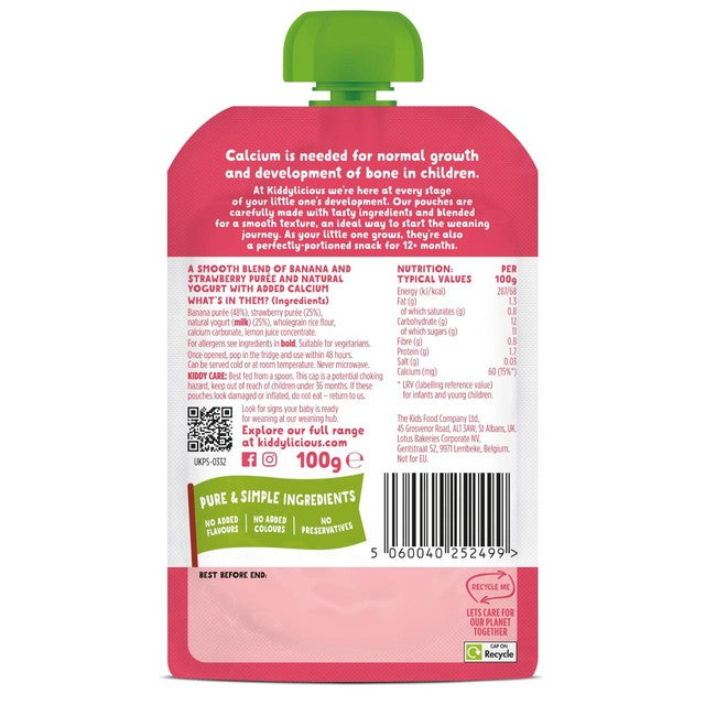 Kiddylicious strawberry banana yoghurt baby food pouch 100g, UK version