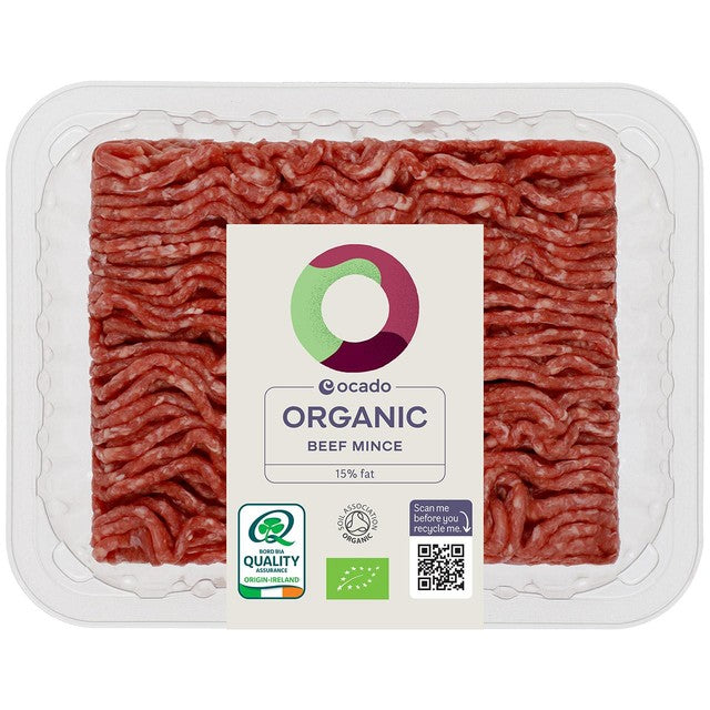 Ocado organic beef mince 15% fat 400g, imported from the UK
