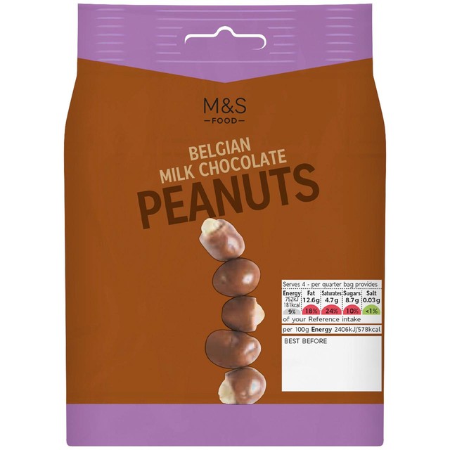 M&S Belgian milk chocolate peanuts 125g, imported from the UK