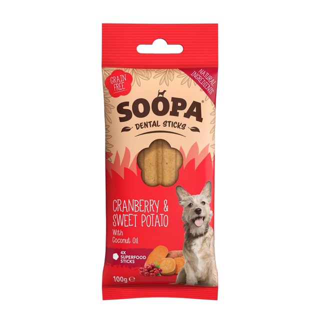 Soopa cranberry and sweet potato dental sticks dog treats 100g (British brand)