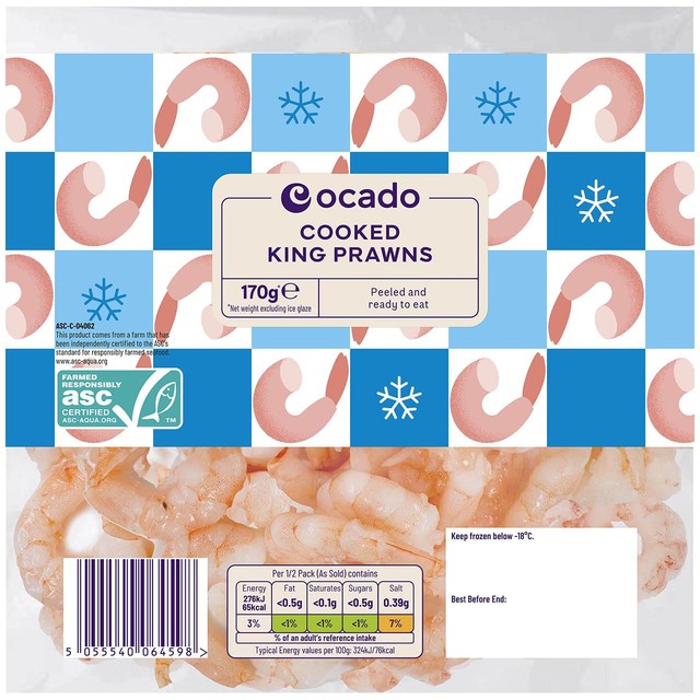 Ocado frozen cooked king prawns 170g, imported from the UK