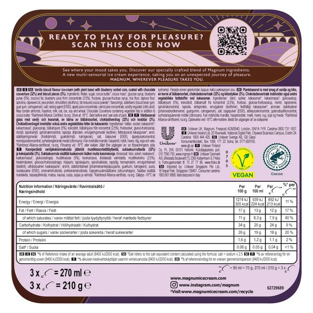 Magnum Chill Blueberry Cookie ice cream sticks 3 x 90ml, imported from the UK
