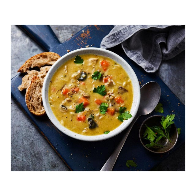 M&S chunky chicken mushroom and rice soup 600g, imported from the UK