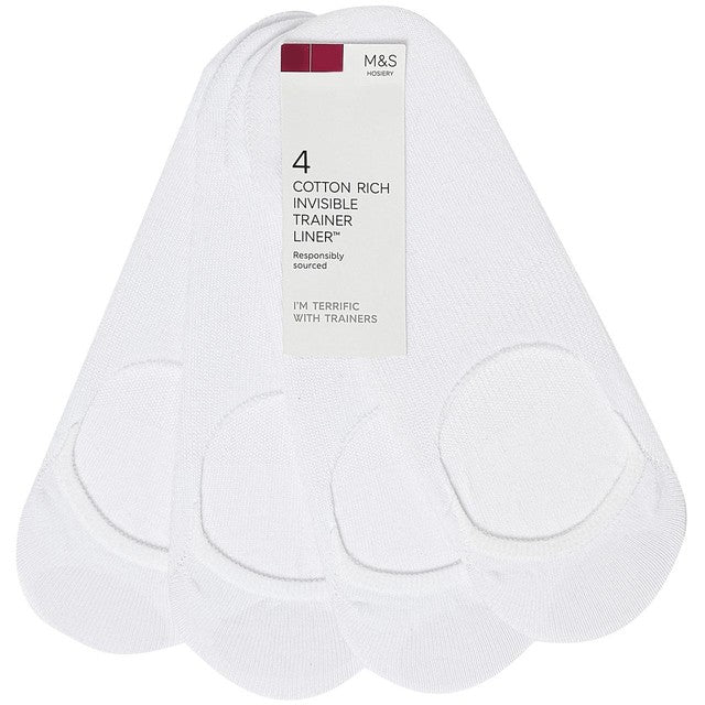 M&S Women's Invisible Trainer Liner Socks White Size 3-5, imported from the UK
