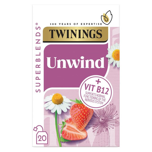 Twinings Superblends Unwind Tea with strawberry, camomile, and limeflower 20 teabags (British brand)