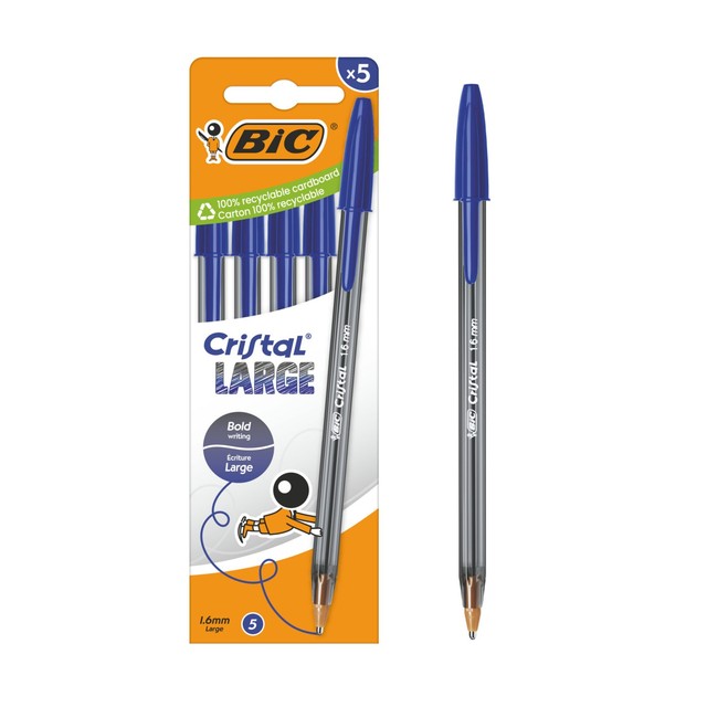 Bic Cristal Large Smooth Glide Blue ballpoint pens pack of 5 - British product