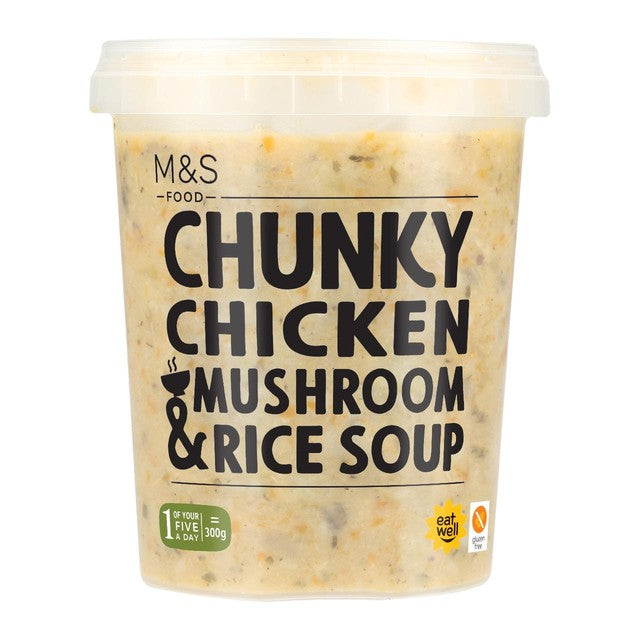 M&S chunky chicken mushroom and rice soup 600g, imported from the UK