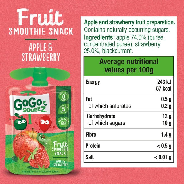 GoGo squeeZ apple strawberry fruit smoothie snack 4 x 90g, UK version