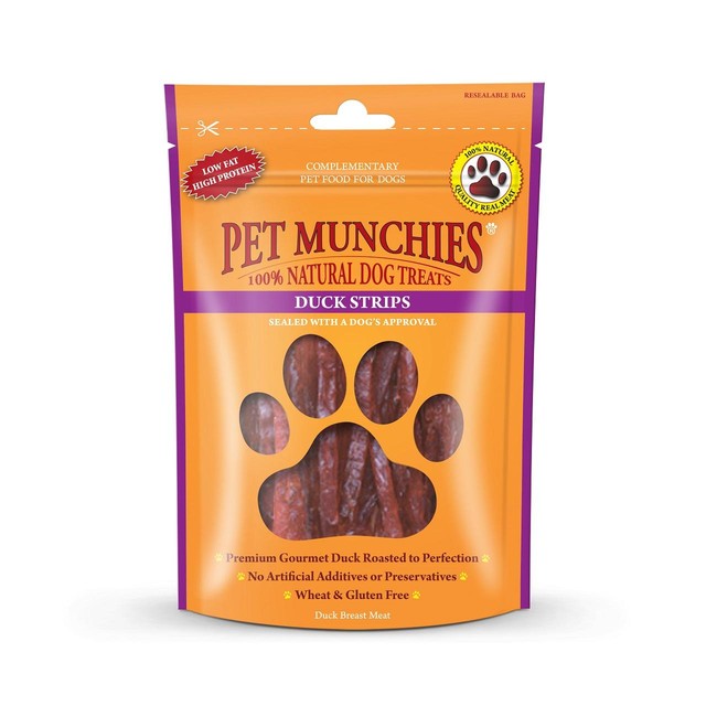 Pet Munchies duck strips dog treats 90g, imported from the UK