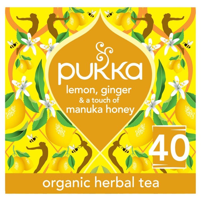 Pukka Herbs organic lemon ginger manuka honey herbal tea bags 40 pack, imported from the UK