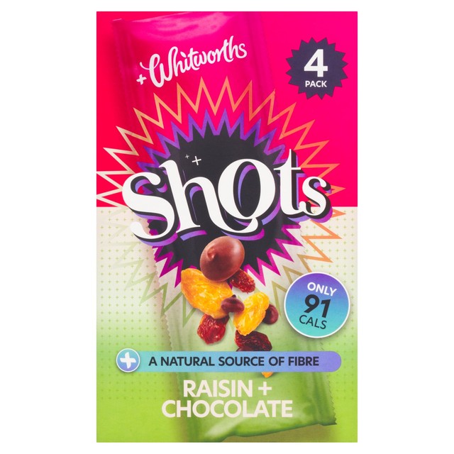 Whitworths Shots snack pack raisin and chocolate 4 x 25g (British brand)